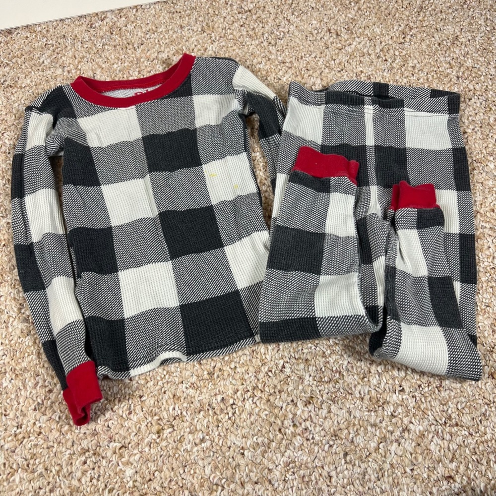 PJ Place Kids Buffalo Plaid Thermal Pajama Set Black White Red 4T Waffle Knit